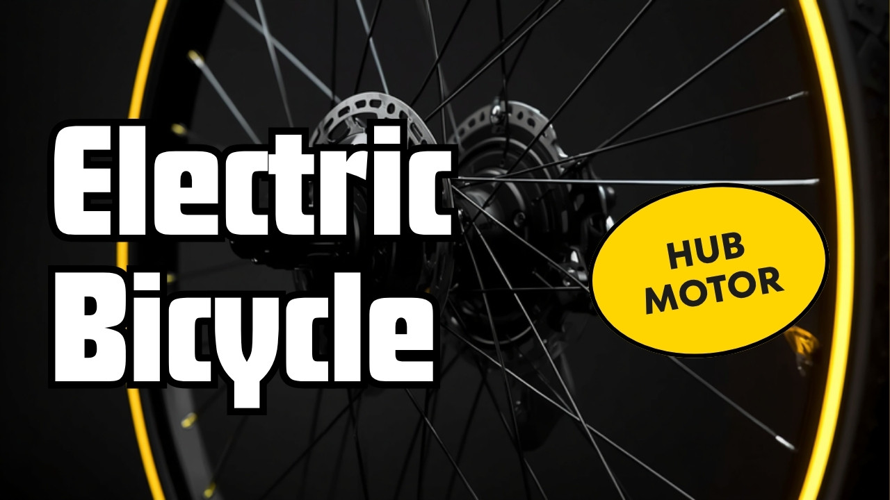 Close-up of an electric bike rear hub motor and disc rotor, labelled Hub Motor, in Cyberbikes charcoal and cyber-yellow style