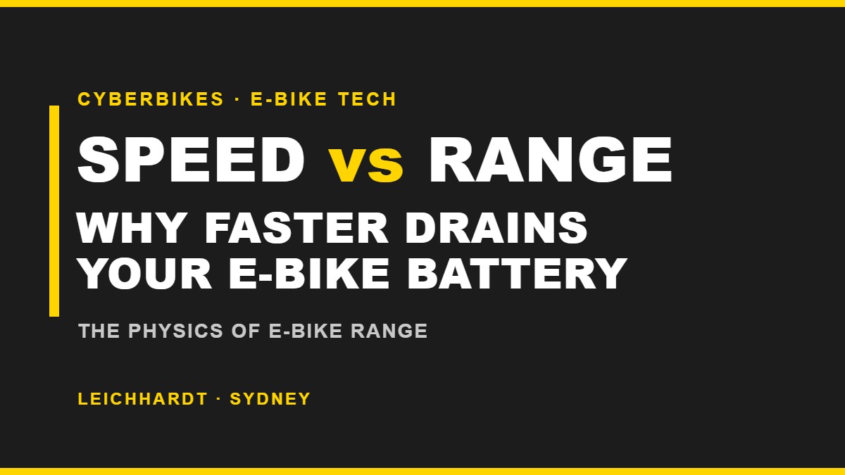 Cyberbikes graphic: Speed vs Range, why riding a faster e-bike drains the battery, Leichhardt Sydney