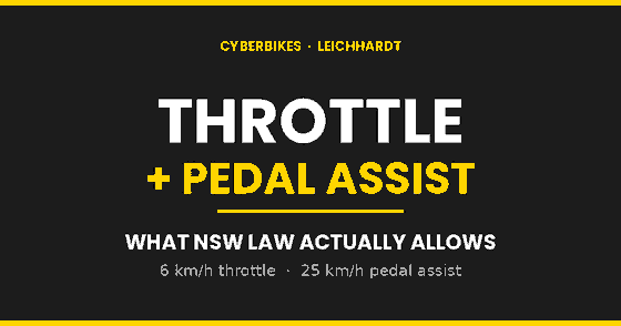 Cyberbikes brand graphic: THROTTLE plus PEDAL ASSIST — what NSW law allows, 6 km/h throttle and 25 km/h pedal assist