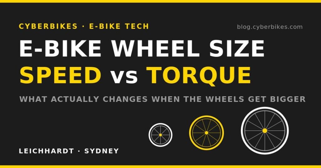 Cyberbikes banner explaining e-bike wheel size: speed versus torque, from Leichhardt Sydney