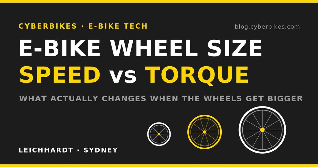 Cyberbikes banner explaining e-bike wheel size: speed versus torque, from Leichhardt Sydney