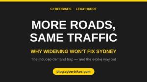 Charcoal and Cyber Yellow graphic reading More Roads, Same Traffic — why widening won't fix Sydney