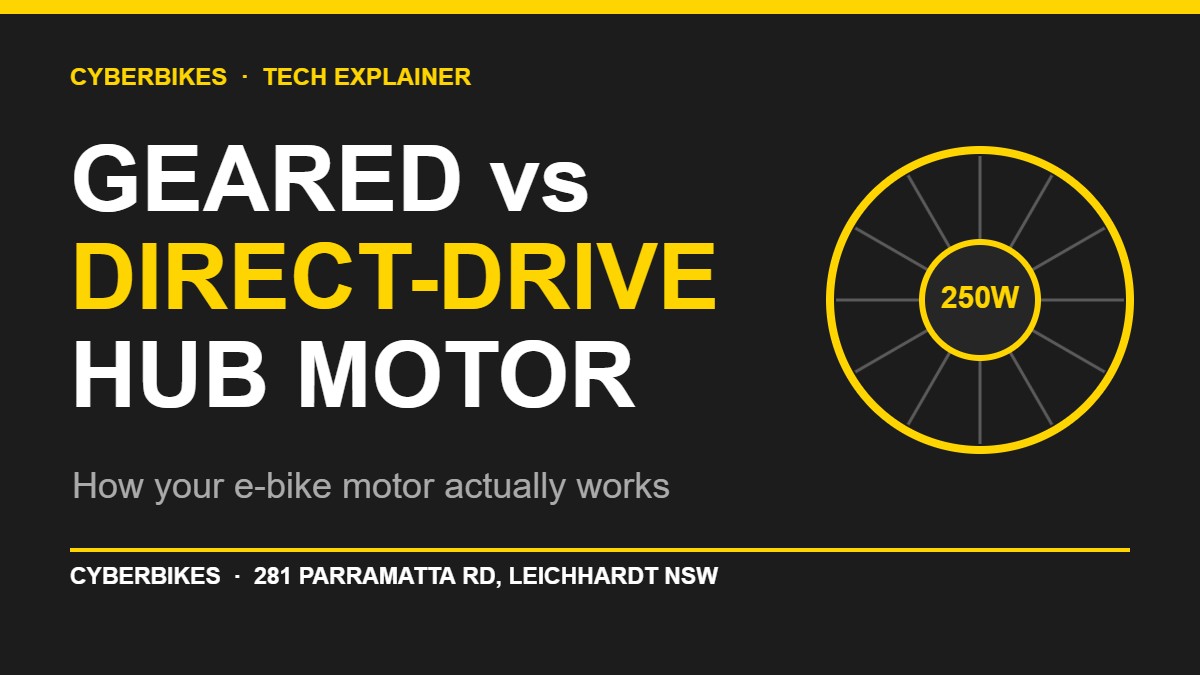 Geared versus direct-drive hub motor comparison banner for an e-bike, Cyberbikes Leichhardt Sydney