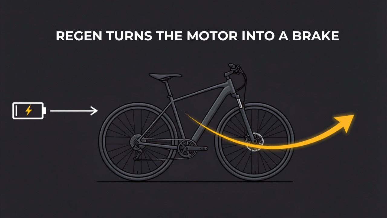 Diagram showing how e-bike regenerative braking turns the hub motor into a brake and sends energy back to the battery