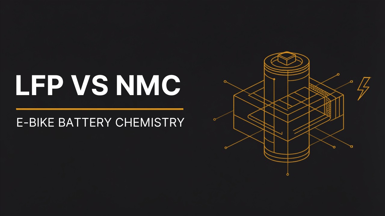 Cyberbikes banner comparing LFP vs NMC e-bike battery chemistry in charcoal and yellow