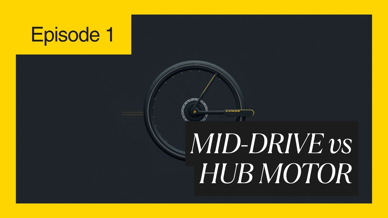 Cyberbikes banner comparing mid-drive vs hub motor e-bike systems with an electric bike wheel