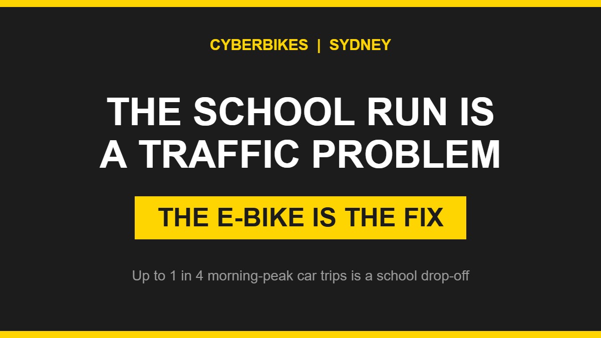 Cyberbikes brand graphic: the school run is a traffic problem and the e-bike is the fix, Sydney