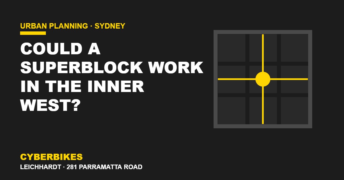 Diagram-style banner of a superblock street grid with calmed interior streets, illustrating a low-traffic neighbourhood for Sydney’s Inner West