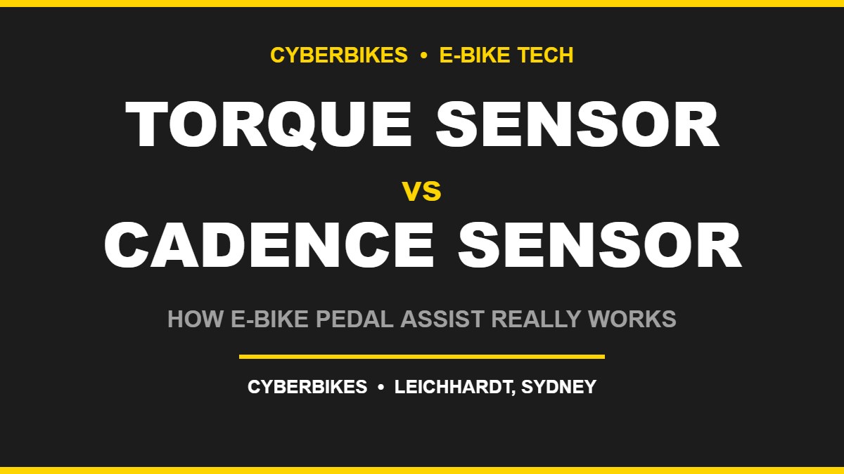 Cyberbikes graphic comparing an e-bike torque sensor versus a cadence sensor, titled how e-bike pedal assist really works