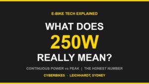 Cyberbikes banner asking what does a 250W e-bike motor rating really mean, charcoal and Cyber Yellow