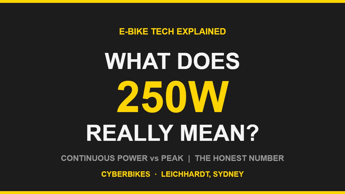 Cyberbikes banner asking what does a 250W e-bike motor rating really mean, charcoal and Cyber Yellow