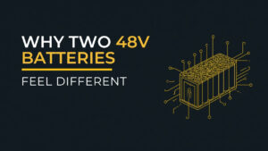 Cyberbikes banner reading Why Two 48V Batteries Feel Different with a line drawing of an e-bike lithium battery pack