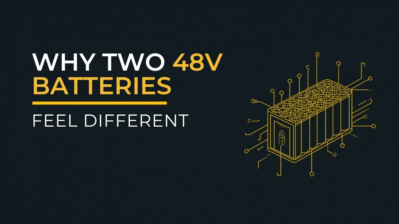 Cyberbikes banner reading Why Two 48V Batteries Feel Different with a line drawing of an e-bike lithium battery pack