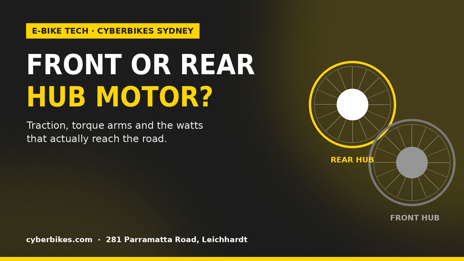 Front vs rear hub motor e-bike comparison graphic from Cyberbikes Sydney showing two wheels labelled rear hub and front hub