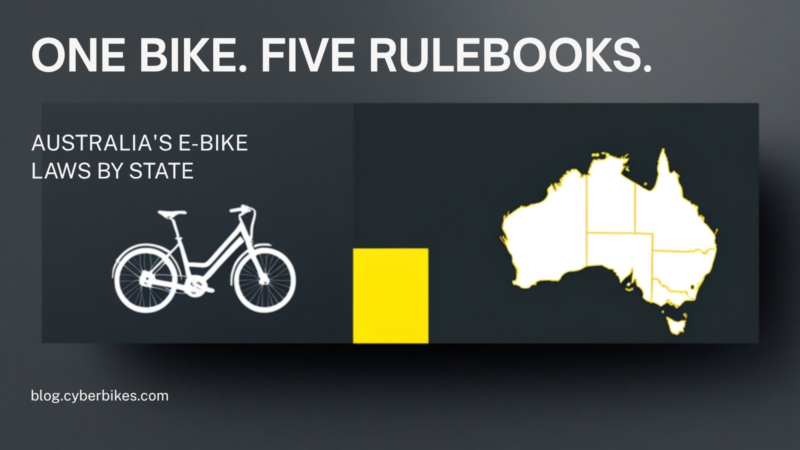 Map of Australia with state borders beside a step-through e-bike, illustrating how Australia's e-bike rules change at every state border