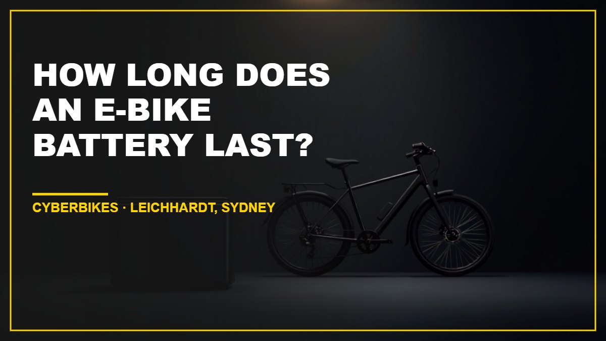 E-bike battery pack and commuter e-bike at Cyberbikes Leichhardt Sydney, illustrating e-bike battery life