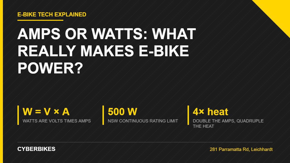 E-bike power explained: controller amps versus motor watts on a Cyberbikes e-bike in Sydney
