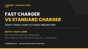 Fast charger vs standard e-bike charger graphic explaining watts equals volts times amps, Cyberbikes Leichhardt Sydney