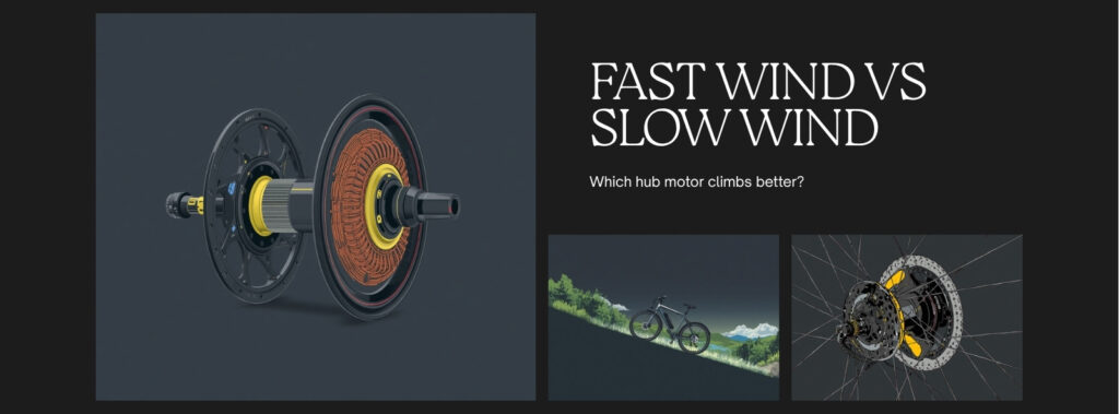 Fast wind vs slow wind e-bike hub motor comparison banner by Cyberbikes Sydney