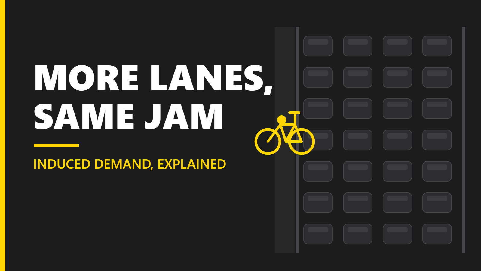 Congested multi-lane Sydney motorway full of cars beside a clear separated bike lane with a yellow e-bike rider, headline More Lanes Same Jam