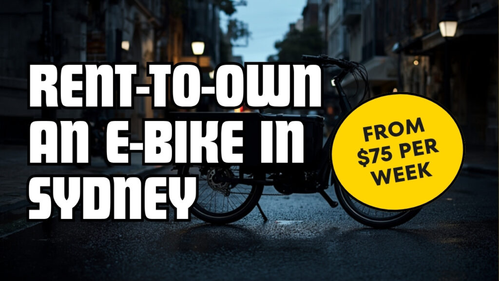 Rent-to-own e-bike Sydney: black step-through electric cargo bike on an inner-west street, from $75 per week at Cyberbikes Leichhardt