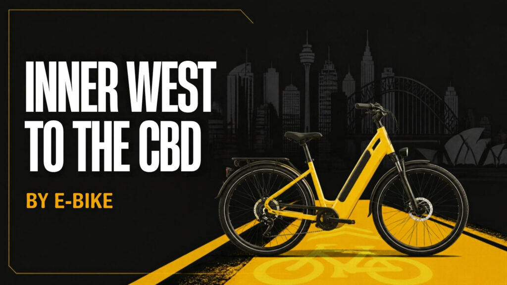 Yellow step-through e-bike on a Sydney cycleway with the CBD skyline behind, captioned Inner West to the CBD by e-bike