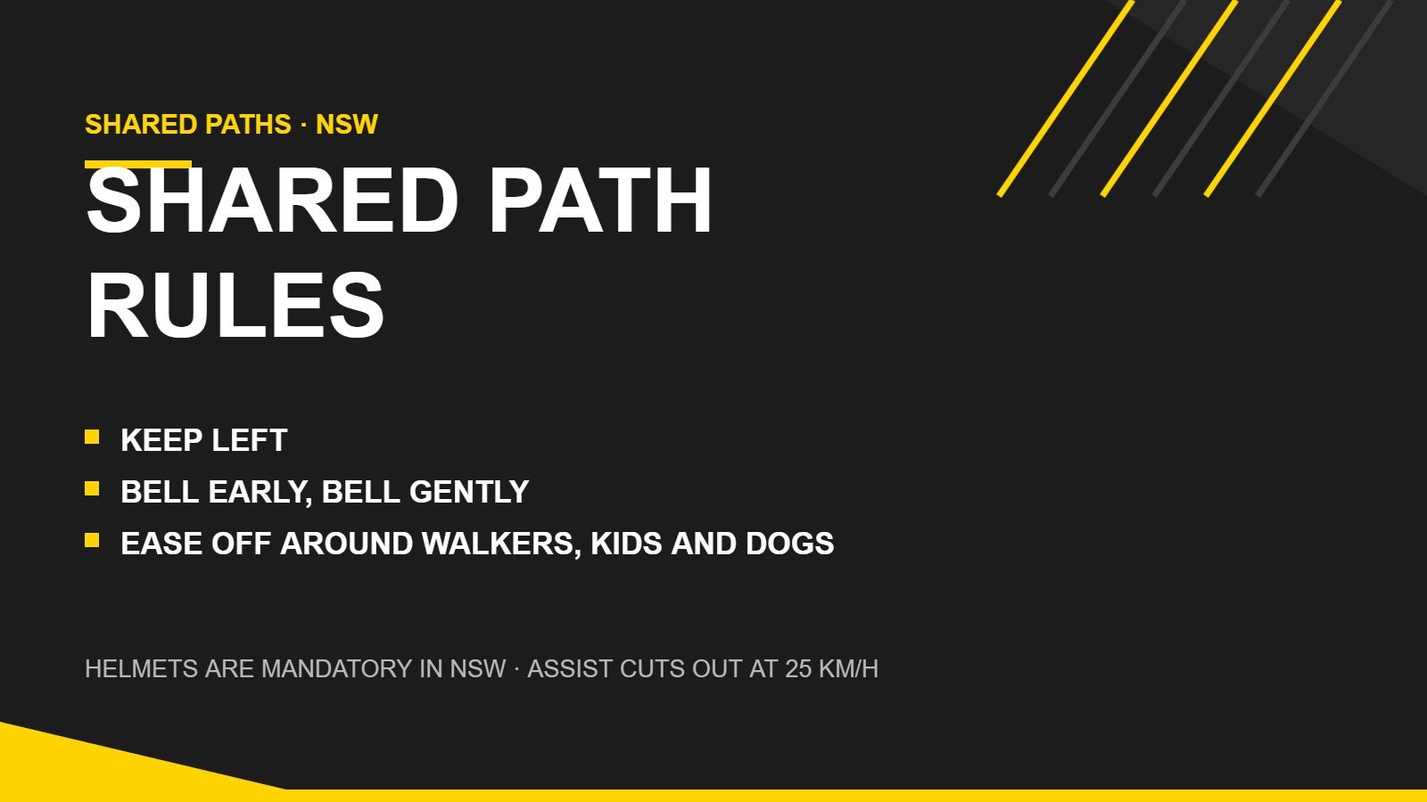 Shared path rules for Sydney e-bike riders: keep left, bell early, ease off around walkers, kids and dogs