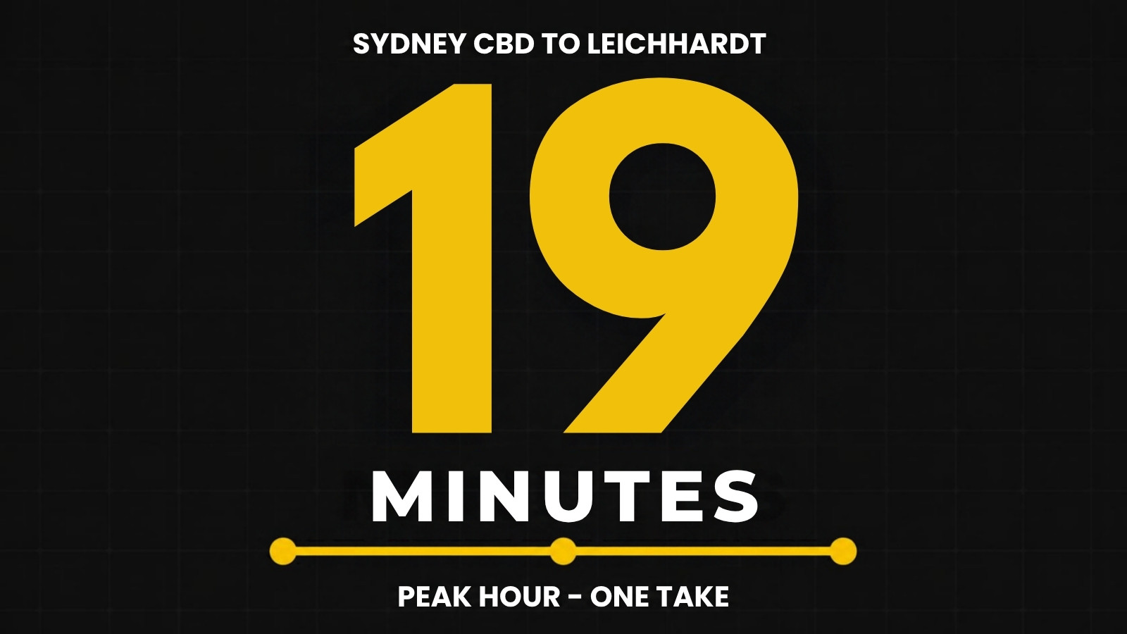 Data poster reading Sydney CBD to Leichhardt, 19 minutes, peak hour one take, in Cyberbikes charcoal and yellow