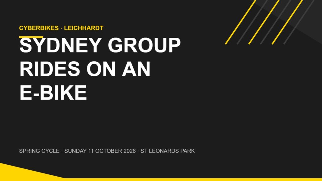 Cyberbikes banner reading Sydney group rides on an e-bike, with Spring Cycle 11 October 2026 details
