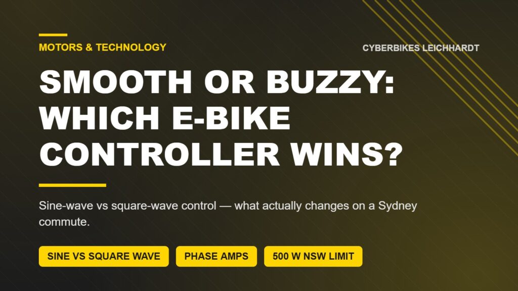 Cyberbikes graphic comparing a sine-wave e-bike controller and a square-wave e-bike controller for Sydney riders
