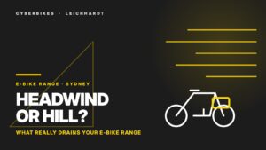 E-bike range banner asking whether a headwind or a hill drains the battery faster in Sydney