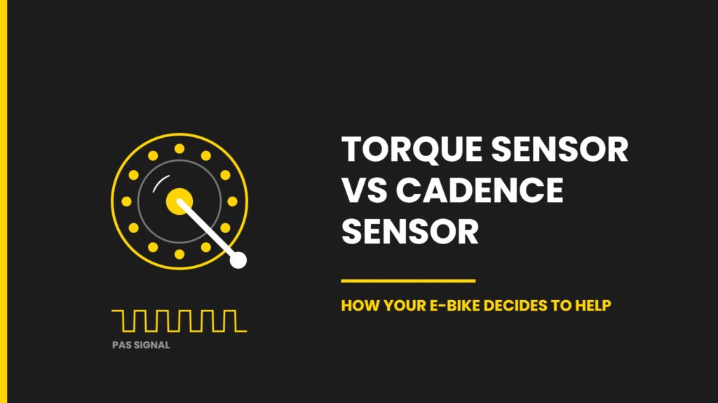 Diagram comparing an e-bike torque sensor and cadence sensor at the bottom bracket, with PAS signal waveform