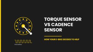 Diagram comparing an e-bike torque sensor and cadence sensor at the bottom bracket, with PAS signal waveform