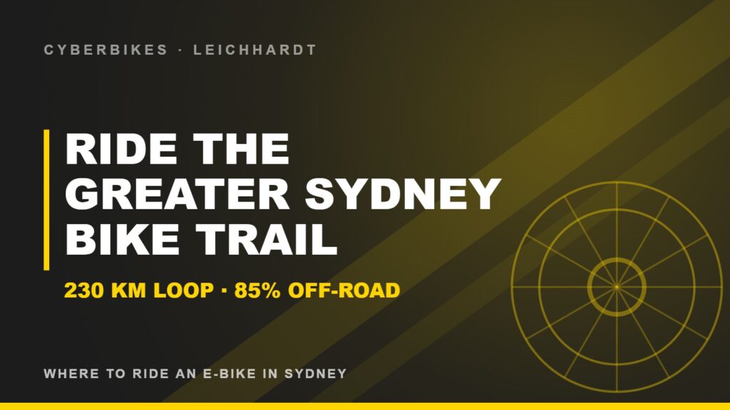 E-bike rider graphic for the Greater Sydney Bike Trail, a 230 km loop around Sydney that is 85% off-road