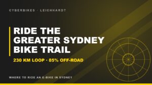 E-bike rider graphic for the Greater Sydney Bike Trail, a 230 km loop around Sydney that is 85% off-road