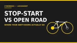 Cyberbikes graphic comparing stop-start city riding with open-road riding and where e-bike watt-hours go