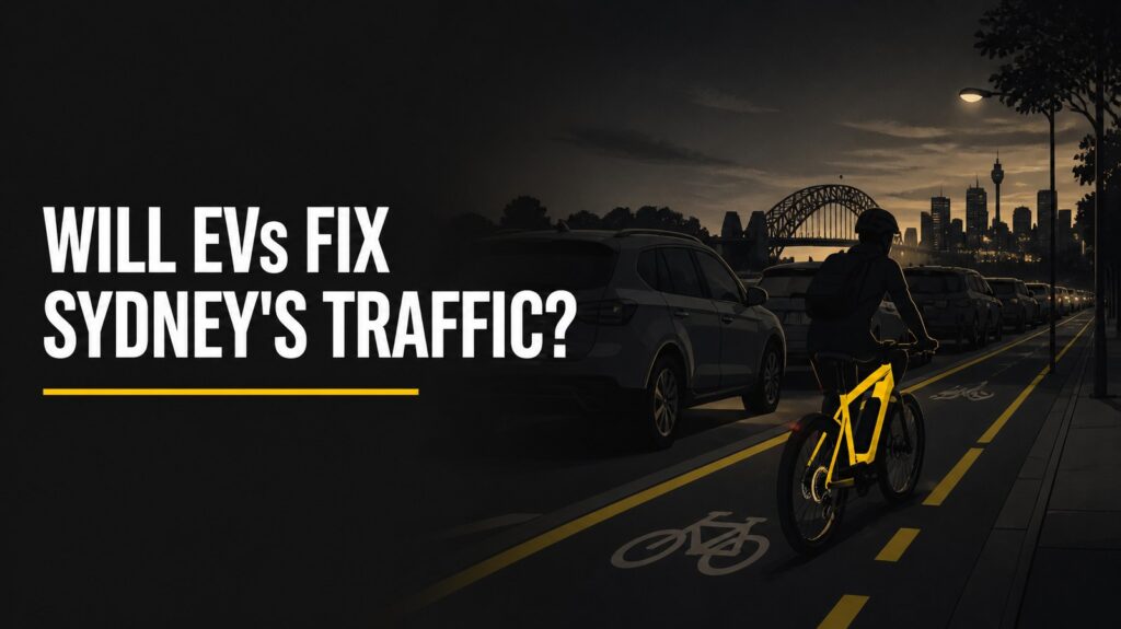 Queue of cars on a Sydney street at dusk with a yellow e-bike passing in a bike lane, headline asking will EVs fix Sydney traffic