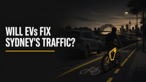 Queue of cars on a Sydney street at dusk with a yellow e-bike passing in a bike lane, headline asking will EVs fix Sydney traffic
